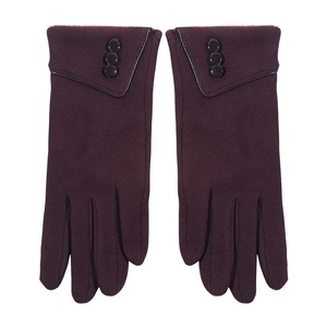 Detail view of purple thermal gloves with decorative buttons and folded fleece cuffs