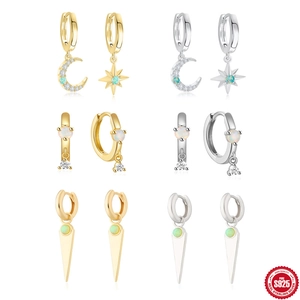 925 Sterling Silver Hoop Earrings With Opal Zircon Charm Asymmetric Moon Star Spike Dangle For Women Fashion Jewelry