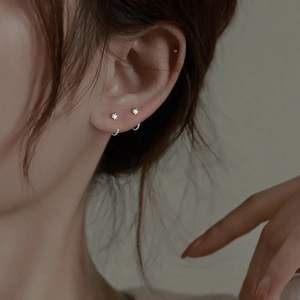 Minimalist silver geometric ear hooks with small round cubic zirconia for daily wear