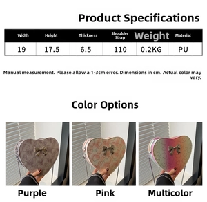 Detailed size chart showing dimensions and specifications for the heart bow PU handbag