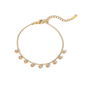 Minimalist gold titanium steel beaded bracelet with sparkling round crystal pendants