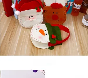 Gedetailleerd zicht op vilt kerstcadeautasjes met 3D Kerstman, Sneeuwpop en Rendier ontwerpen
