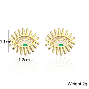 Detail view of gold-plated evil eye stud earrings with cubic zirconia and enamel, 1.2cm size