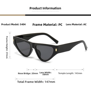 Detailed size chart of cat eye sunglasses showing PC frame and AC lens measurements
