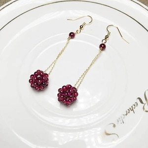 Elegant 14K gold plated threader earrings featuring wine red garnet bead spheres