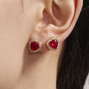 Sparkling 18K gold plated heart earrings with red zircon and diamond halo