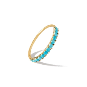 Detail view of gold ring featuring eleven claw-set turquoise stones on a slim band