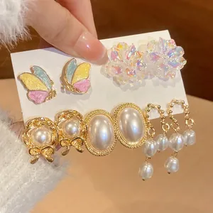 Butterfly Flower Artificial Pearl Earrings With Silver Earring Post Colorful Alloy Resin Sweet Style Jewelry For Women