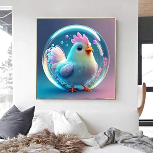 Detail of colorful cartoon chick in bubble DIY diamond painting on a white wall