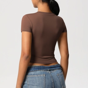 Back view of slim fit brown fitness t-shirt with high elasticity for yoga and running