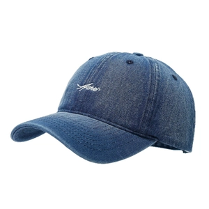 Classic dark blue washed denim baseball cap with white Aster script embroidery