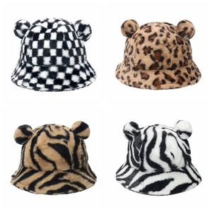 Plush Bucket Hat Faux Rabbit Fur Teddy Bear Ears Winter Warm Leopard Plaid Pattern Soft Thickened For Women