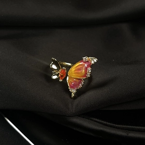 Golden butterfly open ring with colorful gradient enamel and sparkling rhinestones
