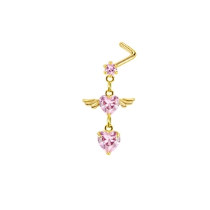 Detailed macro view of gold heart nose stud with pink zircon and delicate wings design