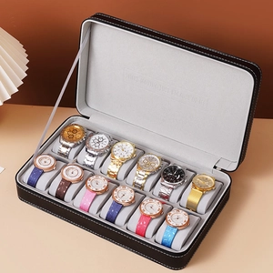 12-slot black PU leather watch box with white stitching and velvet pillows for storage