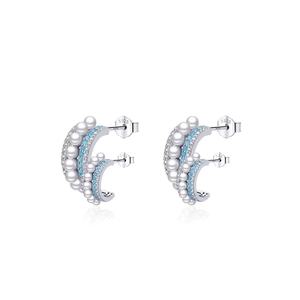 Boucles D'oreilles Créoles En C En Argent Sterling 925 Avec Künstliche Perles Blanches Turquoise Bleue Et Zircone Pour Femmes