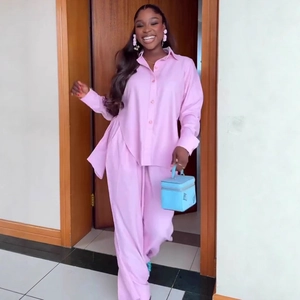 Women Polyester Long Sleeve Lapel Shirt And Wide Leg Trousers Back Tie Slit High Waist Elegant Fashion Outfit Pink