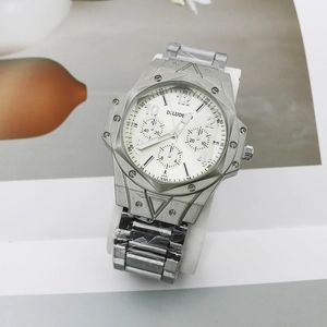 Men's stylish quartz watch with octagonal grey metal bezel and steel link bracelet