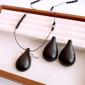 Teardrop Pendant Necklace And Earrings Women Wood Resin Beaded Jewelry With 925 Sterling Silver Earring Post Vintage