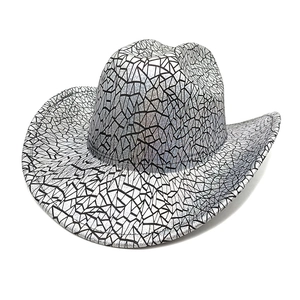 Detail of silver cowboy hat featuring high-contrast black mosaic crackle patterns