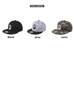 Flat brim baseball caps in black, gray, and camo with bearded man embroidery display