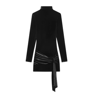 Women Velvet Mini Dress Half High Neck Long Sleeve Ruched Slim Fit Elegant Solid Color Party Cocktail Style