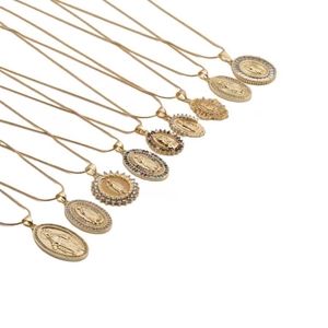 Gold religious oval pendant necklaces featuring Virgin Mary with colorful zircons