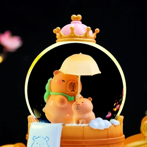 Detail of a Capybara music box featuring a crown ring and capybaras bathing in a tub