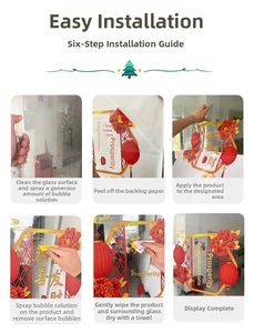 Step-by-step guide showing how to apply Chinese New Year static window stickers on glass
