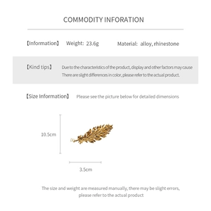 Detailed size parameters for gold feather brooch with crystals, 10.5cm long