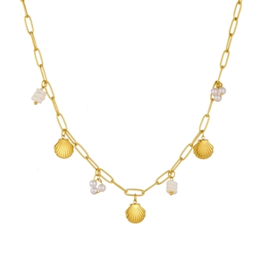 Collier vintage français en acier inoxydable doré avec coquillages et perles