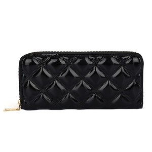 Minimalist black quilted patent leather clutch wallet with gold zipper for women