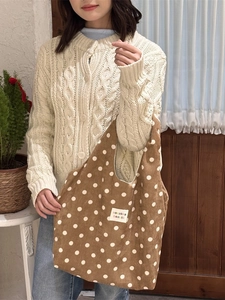Brown polka dot corduroy tote bag for women with a vintage Japanese style design