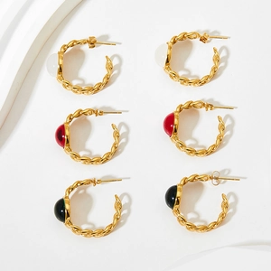 French vintage C-shaped gold-plated earrings with colorful glass stones set in woven metal