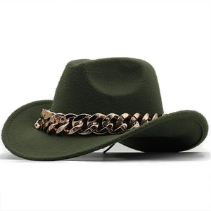 Detail of dark green wool felt hat featuring a chunky gold chain and curved brim