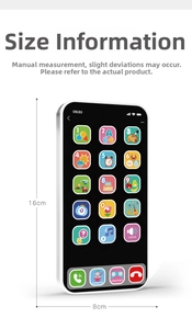 Detailed view of the educational toy phone showing key dimensions of 16cm by 8cm