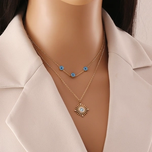 Evil Eye Sunburst Double Layer Necklace Stainless Steel Gold Plated Enamel Rhinestone Pendant Jewelry For Women