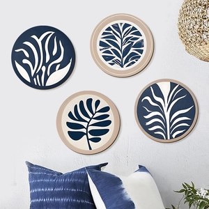 Adornos de Pared Redondos Madera Bohemio Madera de Álamo Estampado Plantas Decoración Colgante Azul para Sala