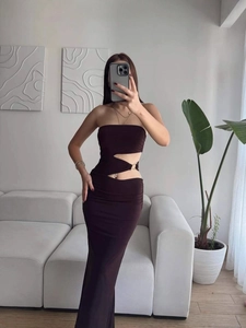 Sleeveless bodycon dress in chocolate brown with side cutout and metal ring detail