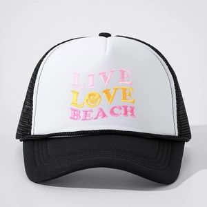 Adjustable black and white trucker hat with Live Love Beach embroidery and smiley face