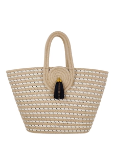 Large capacity striped woven tote bag with cotton handles and black tassel decoration