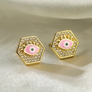 Hexagonal evil eye stud earrings with pink enamel and sparkling micro-inlaid zircons
