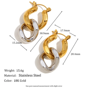 Two-tone 18K gold plated stainless steel chain earrings with detailed dimensions