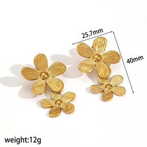 Textured gold flower earrings in stainless steel with 25.7mm by 40mm dimensions