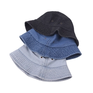 Three-piece set of denim bucket hats in black and blue styles with metal air vents