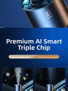 Detail of smart car aroma diffuser with AI triple-chip and dual nano sonic atomization technology