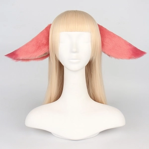 Pink plush fox ears headband with long blonde straight hair wig for cosplay outfit