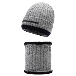 Winter knitted beanie hat and neck warmer set in grey with thick fleece lining