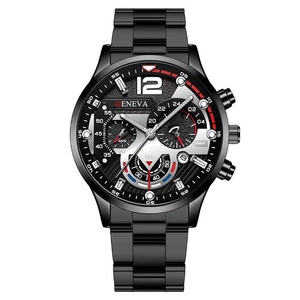 All-black Geneva chronograph quartz watch for men with stainless steel strap