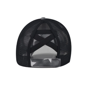 Detail of black mesh ponytail baseball cap with criss cross elastic bands and camo strap